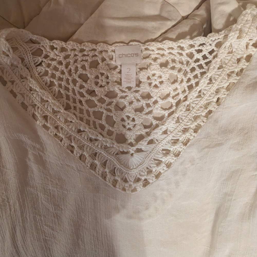 Chico's White Crochet Lace Trim Fringe Tunic Top Beach Cover Up Size 2- Large - Picture 6 of 7